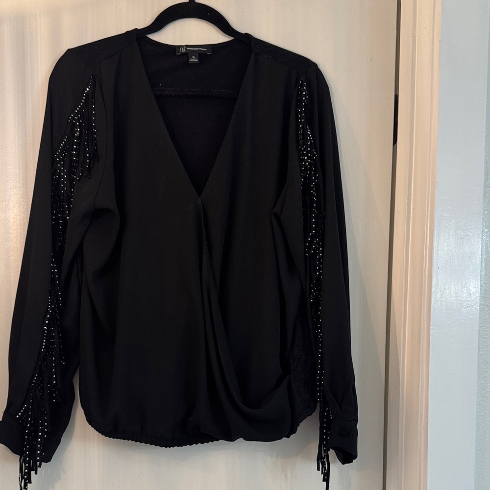 Inc International concepts Black Beaded Fringe V-Neck Wrap Blouse